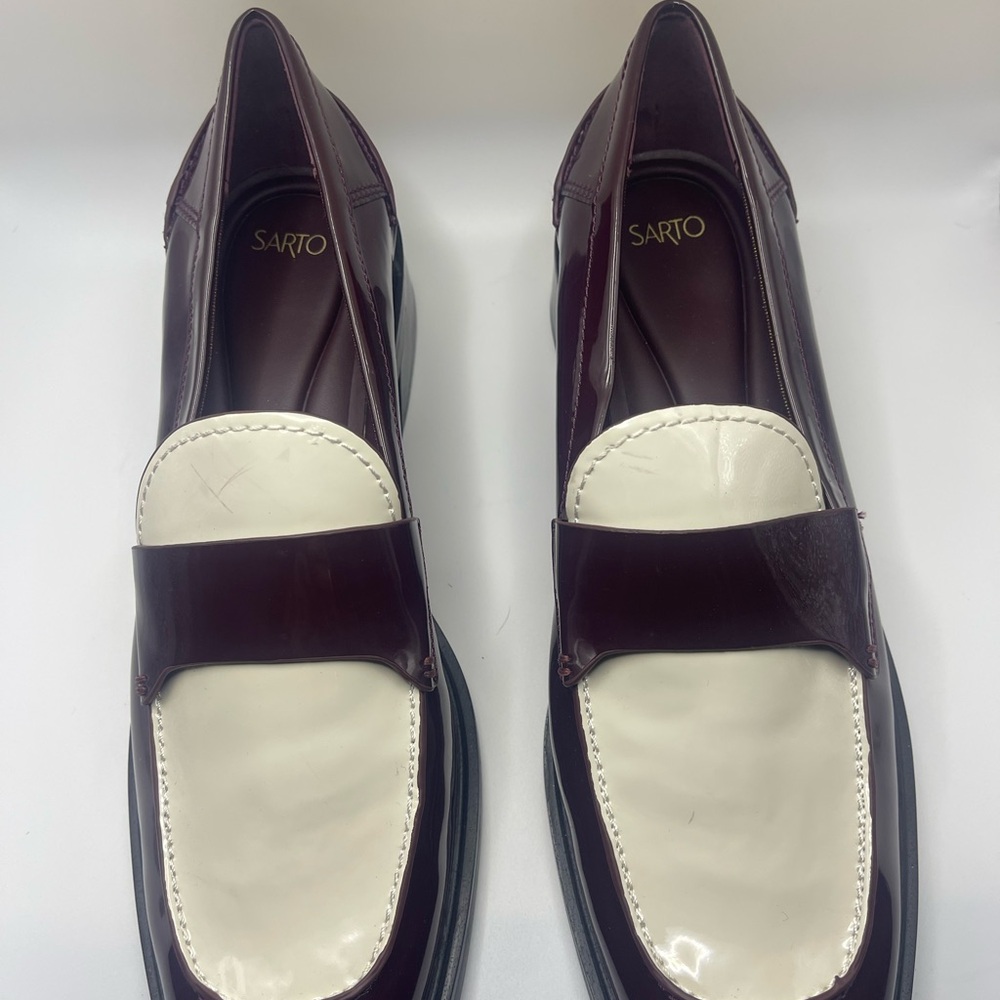 SARTO By Franco Sarto Burgundy and Cream Patent Loafers
